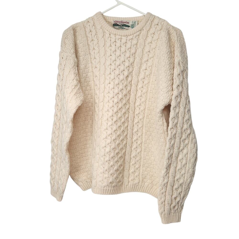 VTG Celtic Country Cream 100% Merino Fisherman Cable Knit Sweater Women 14-16